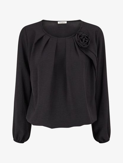 Top plissé à fleur en relief - Noir - 1