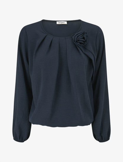 Top plissé à fleur en relief - Marine - 4