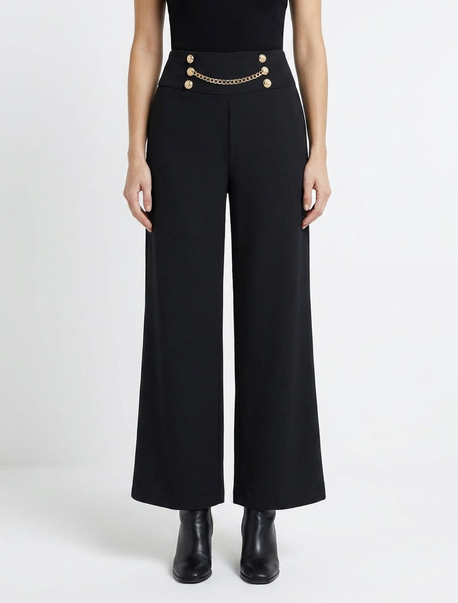 Hoch taillierte Hose mit Knöpfen und Kette - Schwarz