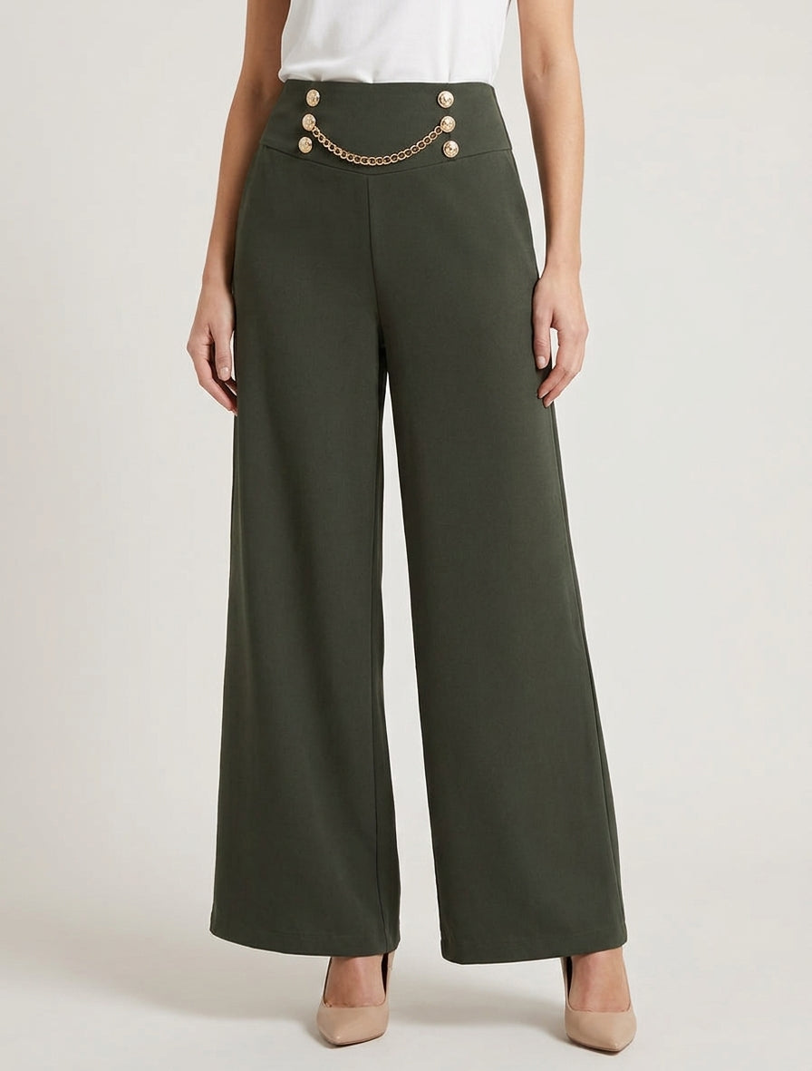 Hoch taillierte Hose mit Knöpfen und Kette - Kaki