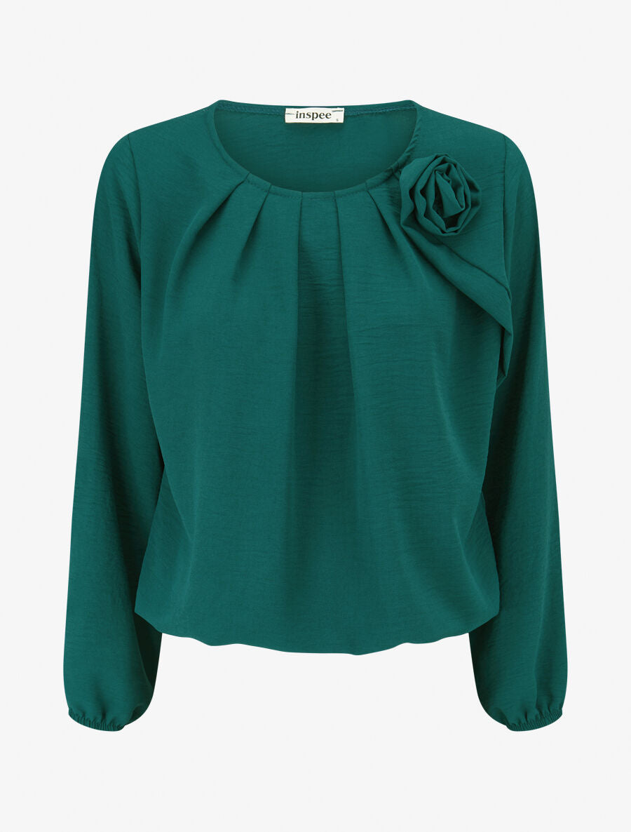 Top plissé à fleur en relief - Vert - 1