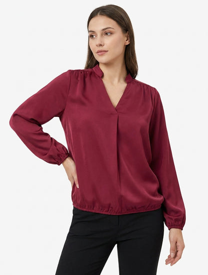 Satinierte Top mit langen Ärmeln und V-Ausschnitt. - Bordeaux