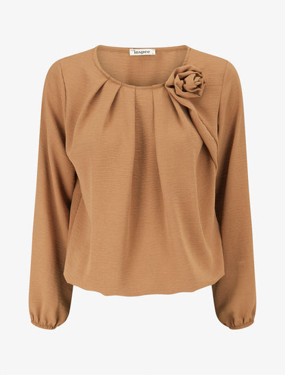 Top plissé à fleur en relief - Taupe - 4