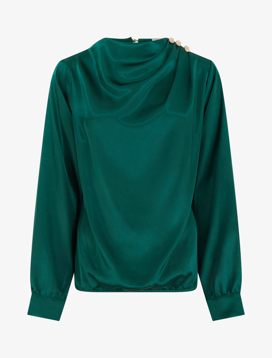 Top boule satiné à col bénitier et boutons - Vert sapin - 1