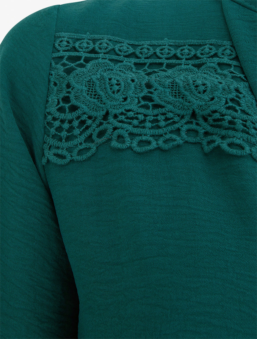 Top boule à col V et dentelle - Vert sapin - 3