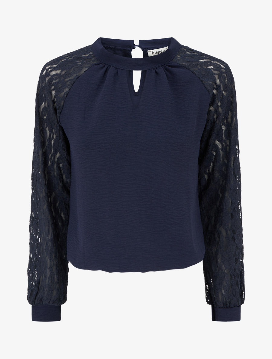 Top à manches raglan en dentelle et col ajouré - Marine - 1