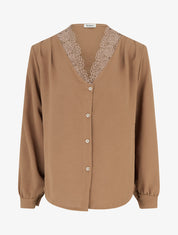 Blouse droite à col V en dentelle - Camel - 1
