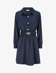Robe satinée style chemise à manches longues - Marine - 1