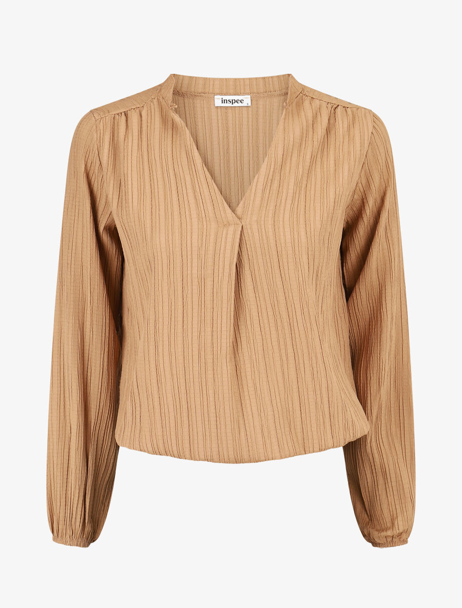 Blouse col V à plis - Taupe - 1