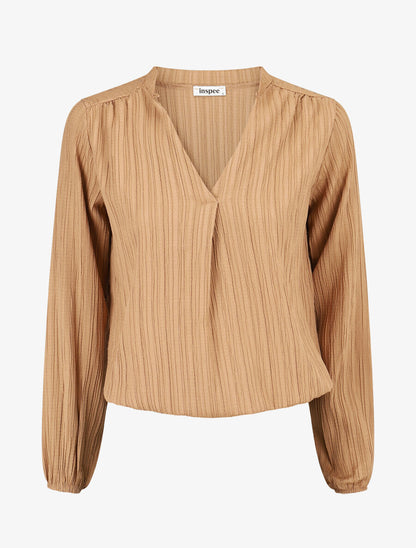 Blouse col V à plis - Taupe - 1