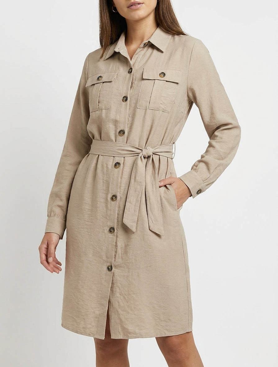 Einfarbiges Hemdkleid zum Binden - Beige