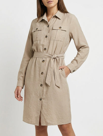 Einfarbiges Hemdkleid zum Binden - Beige