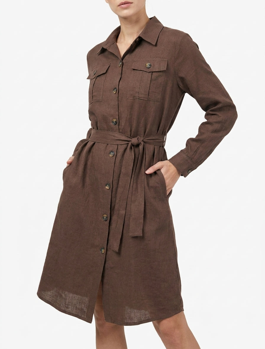 Einfarbiges Hemdkleid zum Binden - Braun