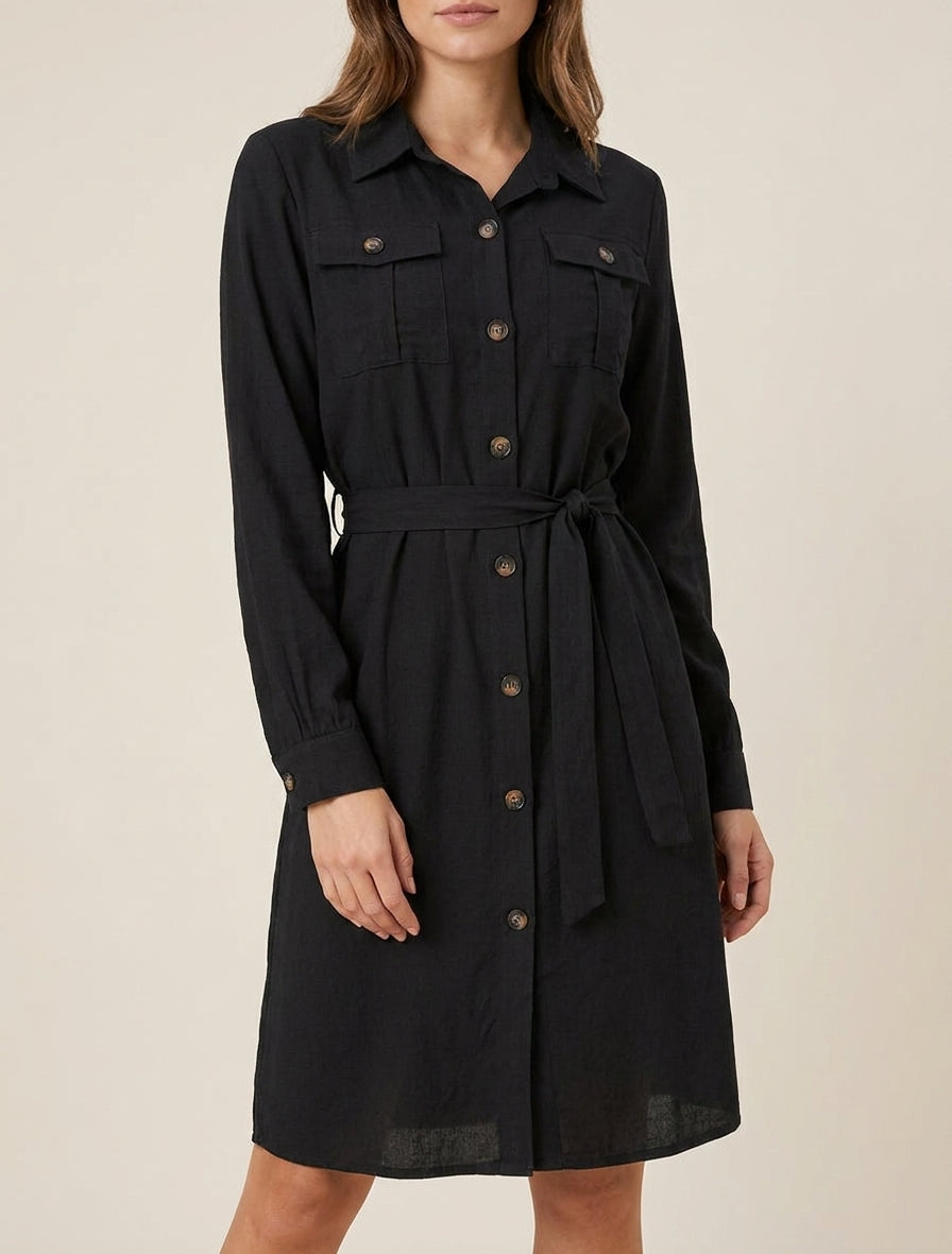 Einfarbiges Hemdkleid zum Binden - Schwarz