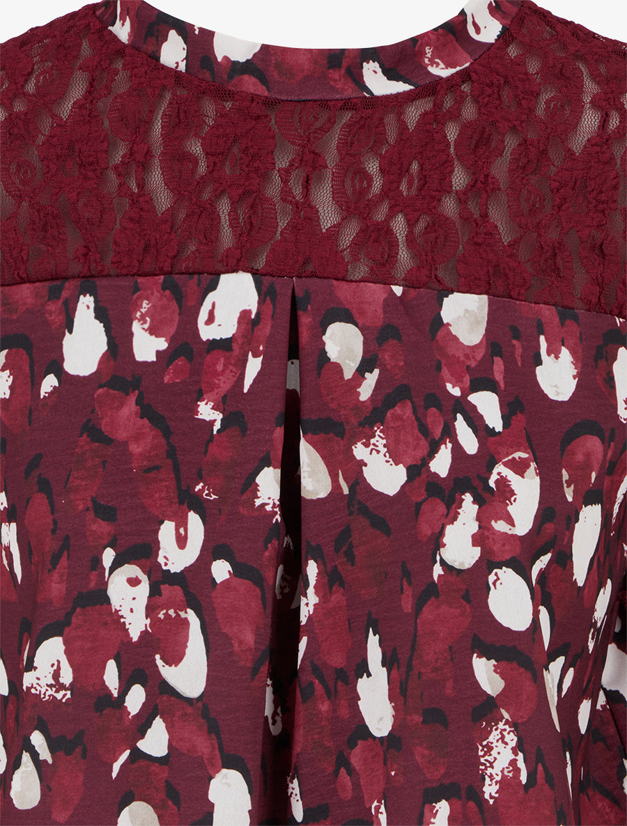 Top boule à col dentelle et imprimé fantaisie - Lie de vin - 3