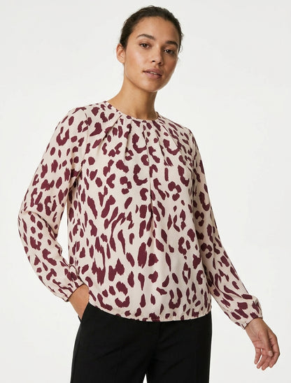 Rundhalsausschnitt Bluse mit Kuhdruck - Bordeaux