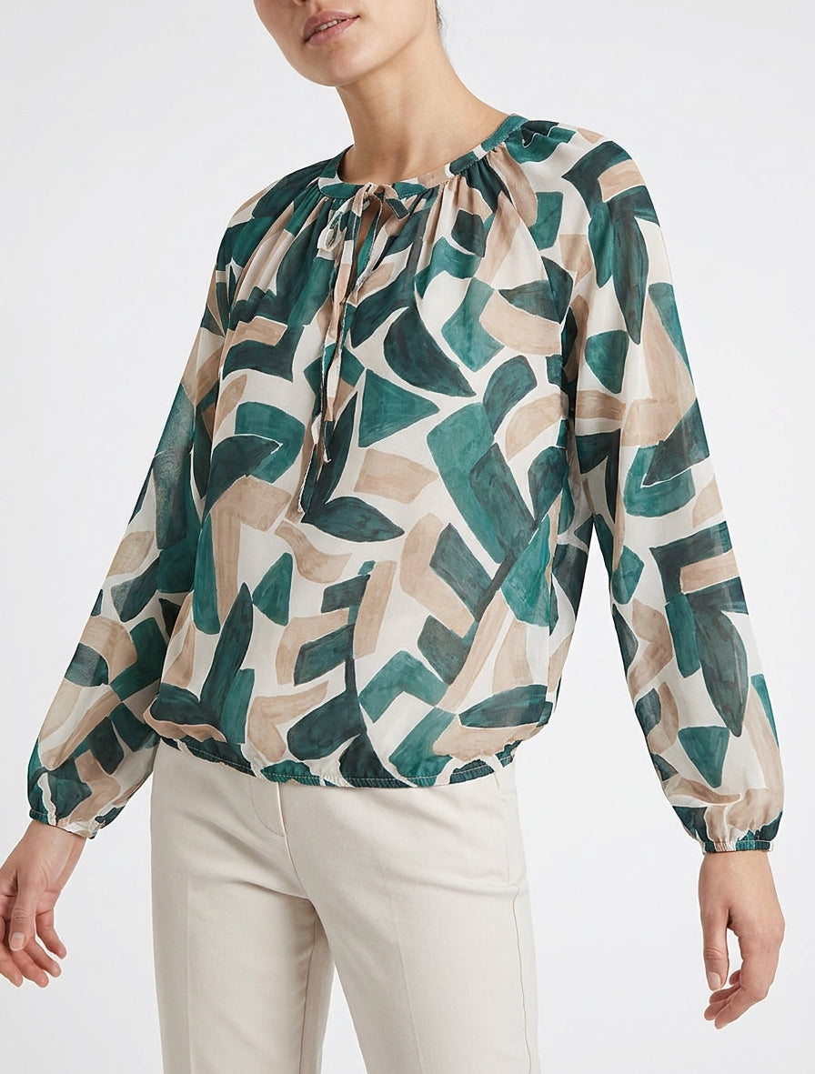 Bluse aus Voile mit abstraktem Druck in Ballonform. - Grün