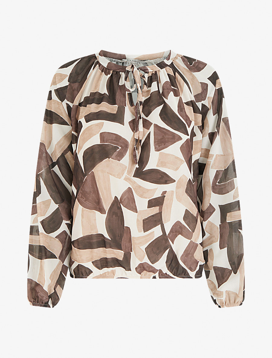Blouse en voile imprimé abstrait coupe boule - Marron - 1