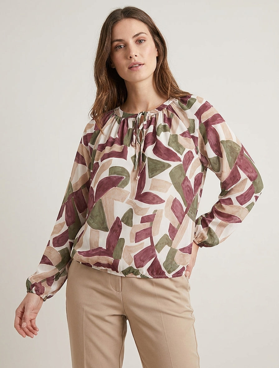 Bluse aus Voile mit abstraktem Druck in Ballonform. - Weinrot