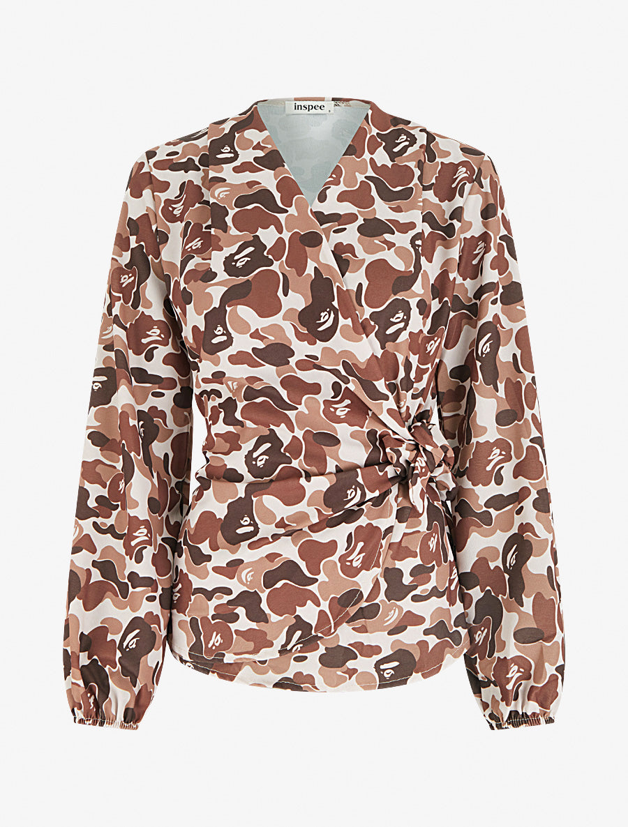 Blouse style portefeuille imprimée à col cache-coeur - Marron - 1