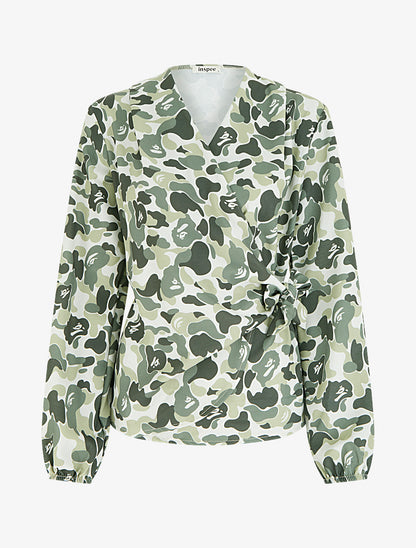 Blouse style portefeuille imprimée à col cache-coeur - Kaki - 1