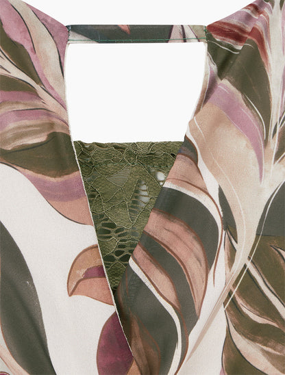 Robe évasée imprimé feuilles stylisées - Kaki - 3