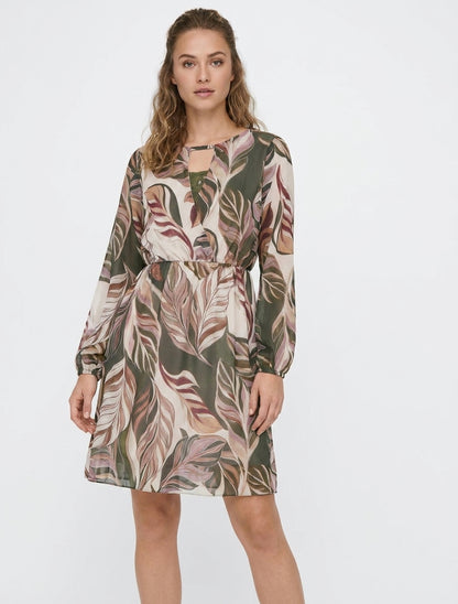 Ausgestelltes Kleid mit stilisiertem Blätterdruck - Kaki