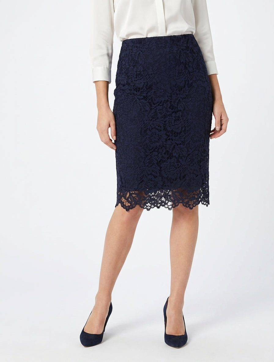 Spitzen-Bleistiftrock mit hoher Taille - Marine