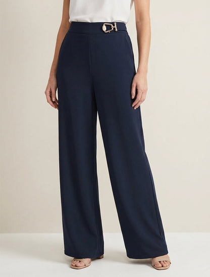 Weit geschnittene Hose mit hoher Taille und Schmuckverzierung. - Marine