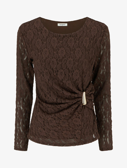 Top en dentelle à effet drapé et bijou métal - Marron - 1