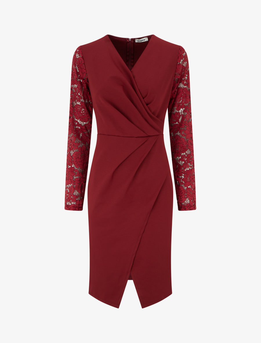 Robe portefeuille ajustée à manches en dentelle - Bordeaux - 1