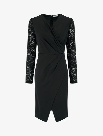 Robe portefeuille ajustée à manches en dentelle - Noir - 1