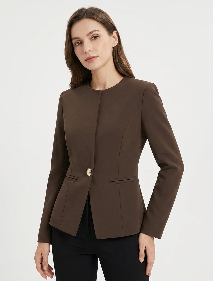 Jacke mit einem Knopf, Epauletten und Rundhalsausschnitt - Braun