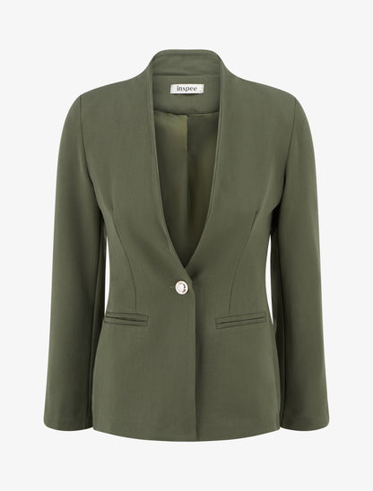 Blazer uni à col droit - Kaki - 1