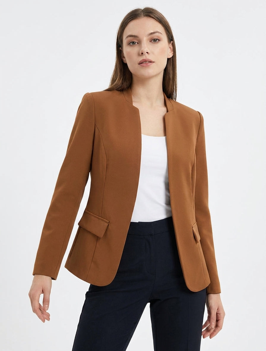 Gerade geschnittener Blazer mit Schulterpolstern - Kamel