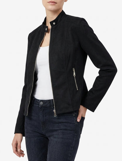 Jacke aus Wildlederimitat mit Stehkragen und Reißverschluss - Schwarz