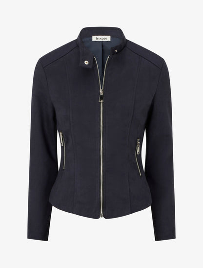 Veste en suédine à col montant et zip - Marine - 1