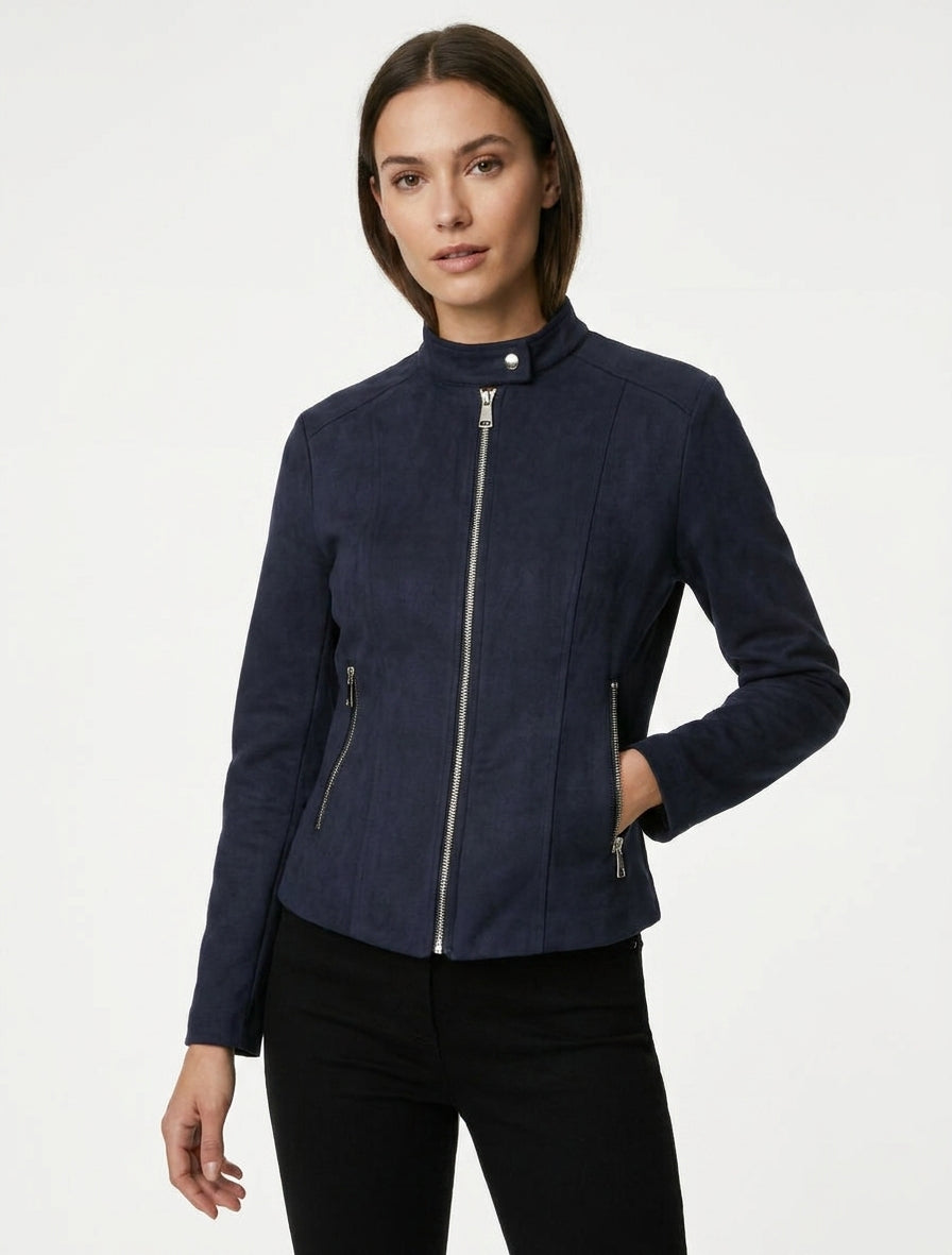 Jacke aus Wildlederimitat mit Stehkragen und Reißverschluss - Marine