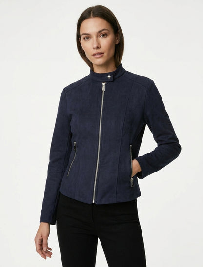 Jacke aus Wildlederimitat mit Stehkragen und Reißverschluss - Marine