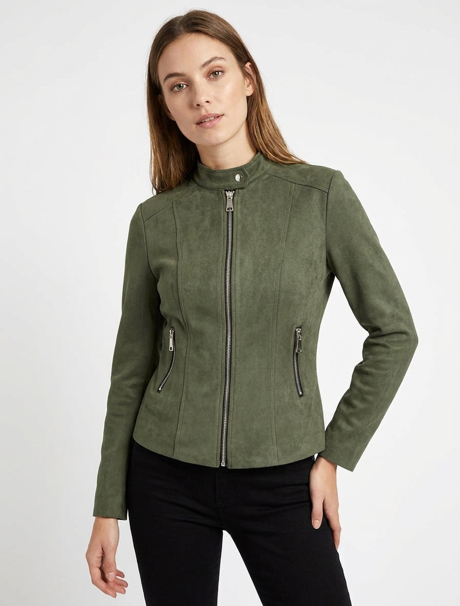 Jacke aus Wildlederimitat mit Stehkragen und Reißverschluss - Kaki