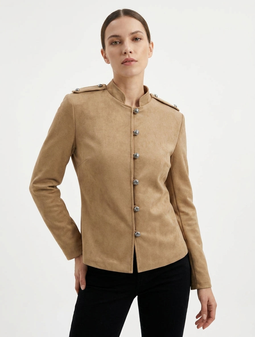 Jacke aus Wildlederimitat im Offiziersstil mit Knöpfen - Beige
