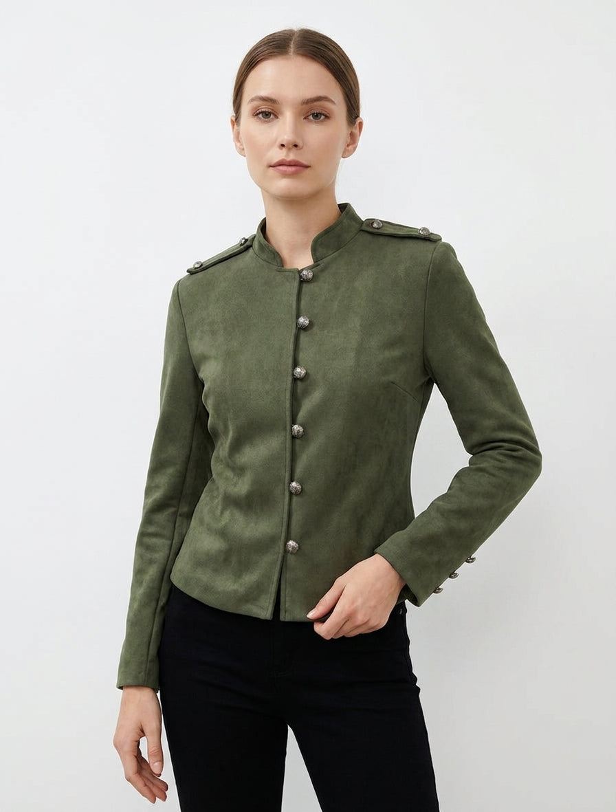 Jacke aus Wildlederimitat im Offiziersstil mit Knöpfen - Kaki