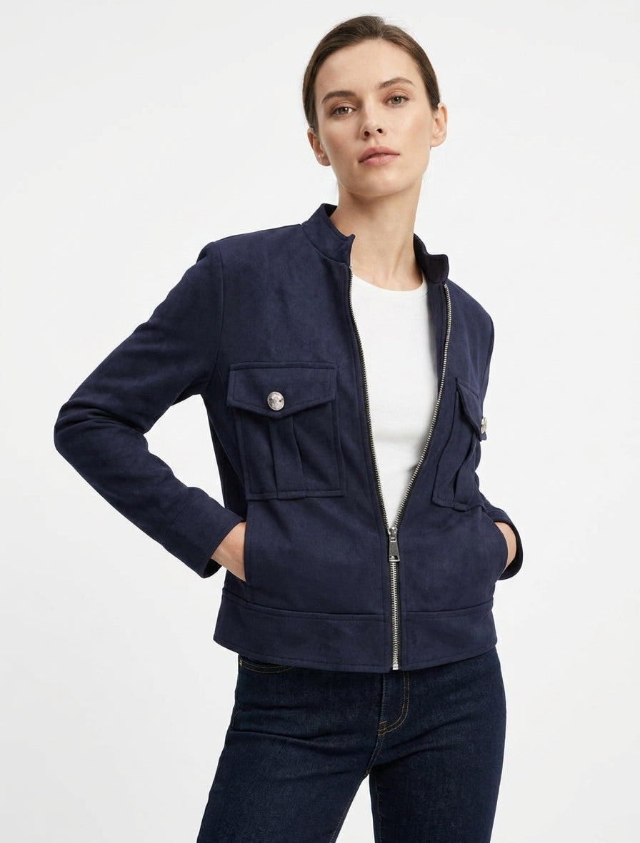 Reißverschlussjacke aus Wildlederimitat mit Klappentasche - Marine