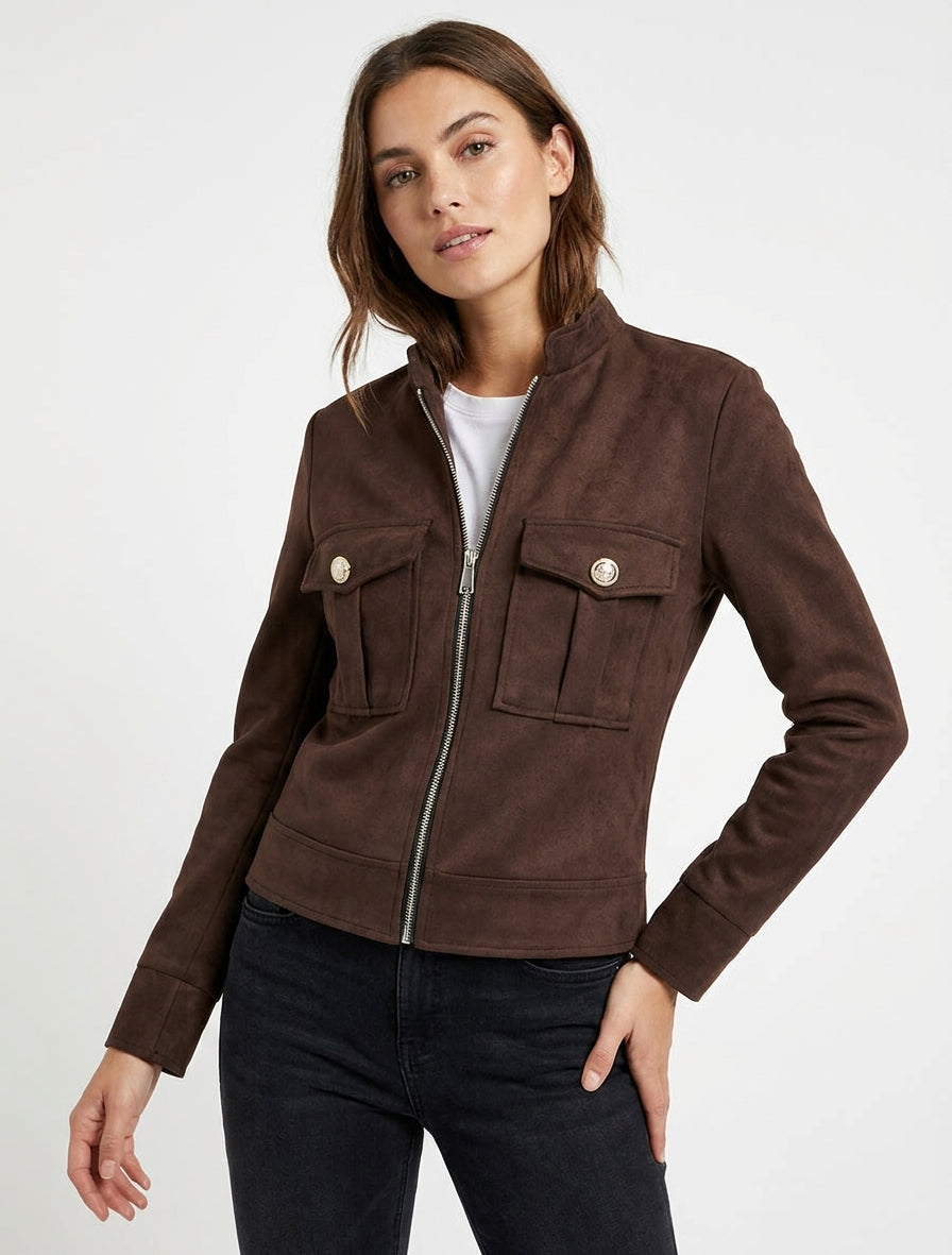 Reißverschlussjacke aus Wildlederimitat mit Klappentasche - Braun