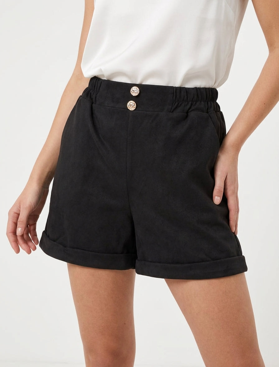 Kurze Paperbag-Shorts aus Wildlederimitat - Schwarz