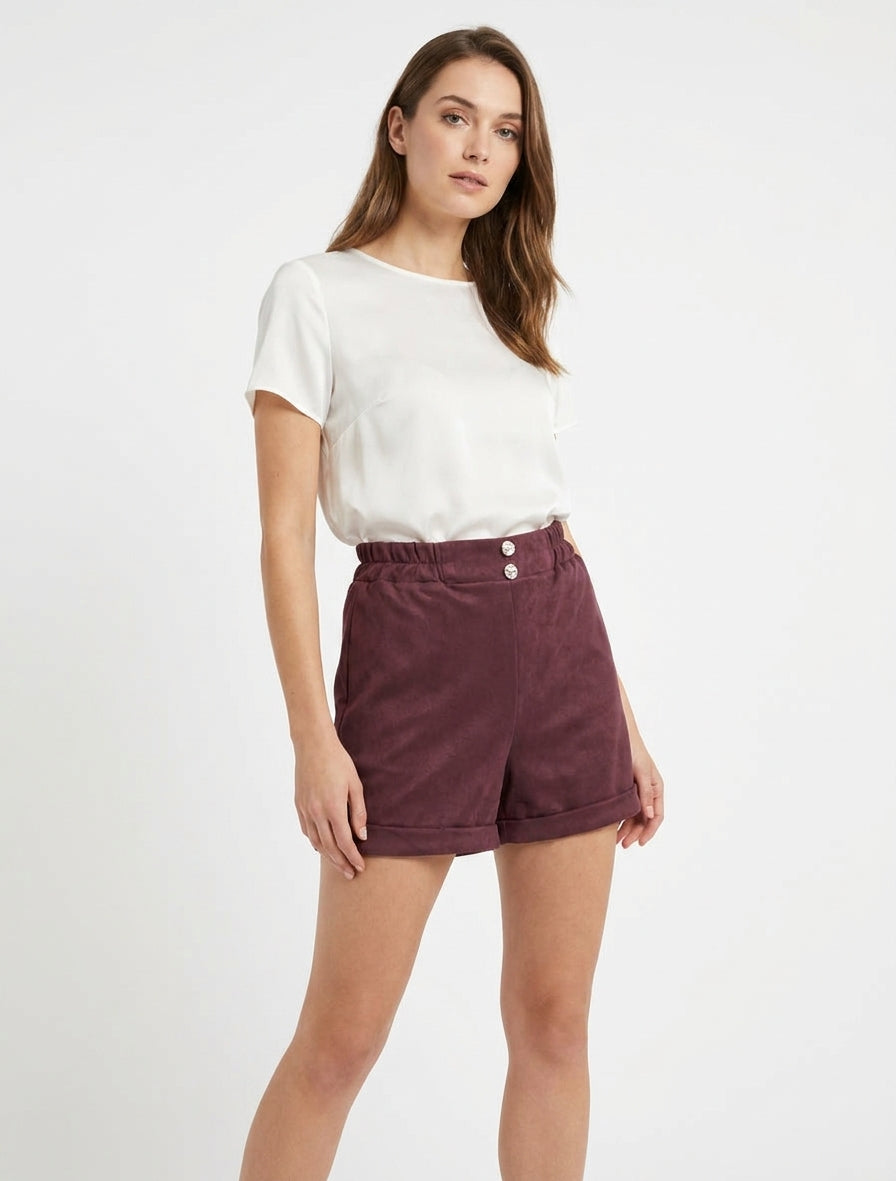Kurze Paperbag-Shorts aus Wildlederimitat - Weinrot