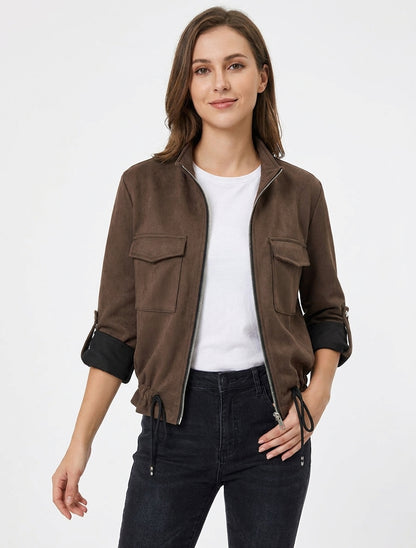 Jacke aus Wildlederimitat mit geradem Schnitt und Pattentaschen - Braun