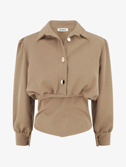 Blouse élastiquée à col à pied - Beige foncé - 1