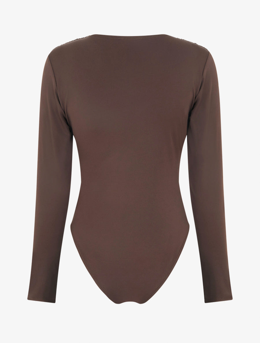Body manches longues à taille plissée - Marron - 2