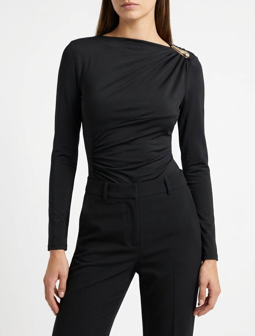 Asymmetrischer Body mit Satinfinish und Schmuckelement - Schwarz